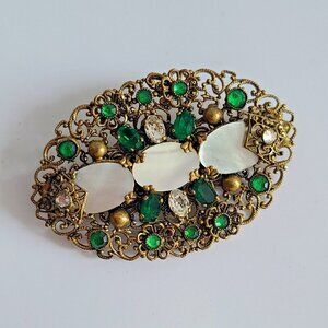 Vintage Czech emerald green rhinestone mother of pearl brooch pin brass filigree